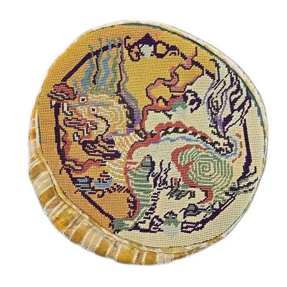 VTG Needlepoint Velvet Cushion Cover Chinese Dragon Hollywood Regency Yellow 14"